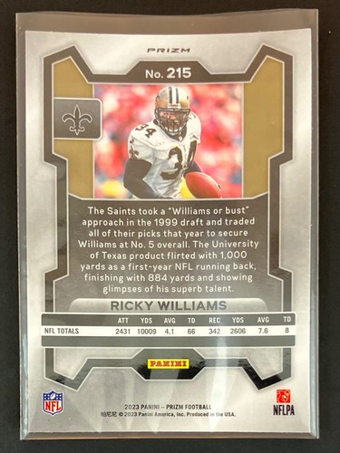 Ricky Williams - 2023 Panini Orange Lazer Prizm #215 - New Orleans Saints - Picture 2 of 2