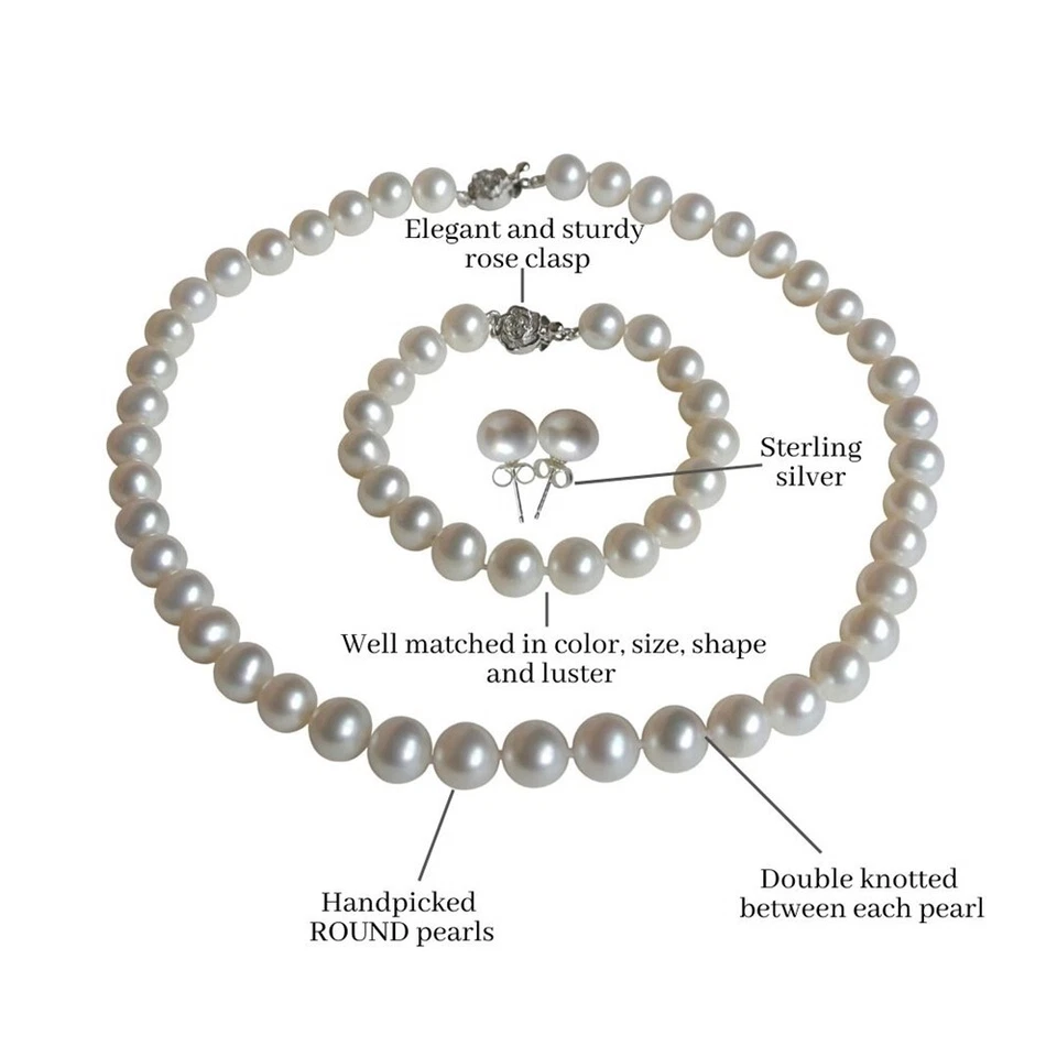 Conjunto de pendientes pulsera collar perlas blancas redondas de 8-9 mm de 30 pulgadas largos cultivados Foto 3 de 4