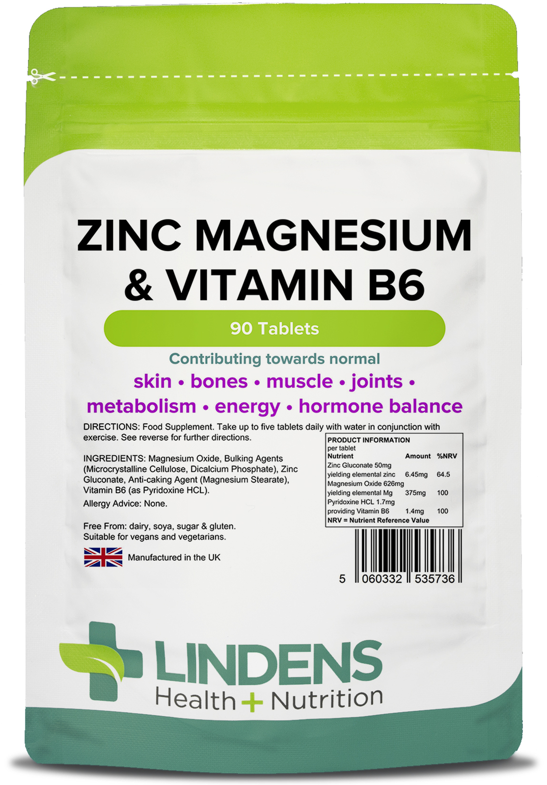 Zinc Magnesium Vitamin B6 High Strength 90 Tablets Fatigue Support Lindens - Image 2