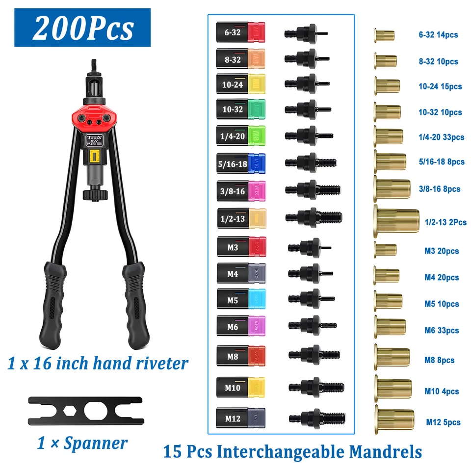 Kit de pistola de rebite 16"" ferramenta de ajuste de rosca porca setter porca sert métrica 200 peças - Imagem 2 de 4