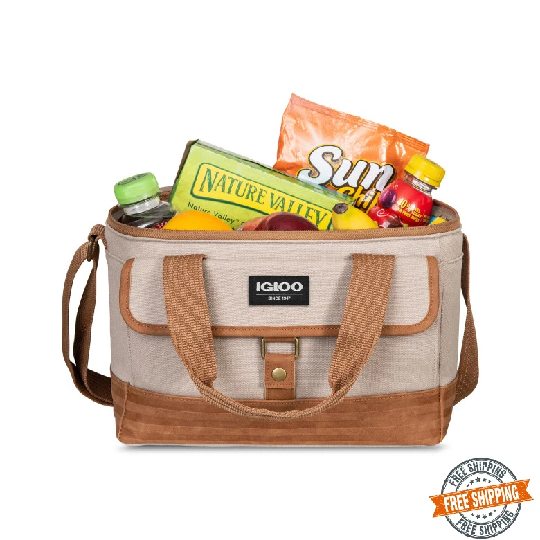Igloo Legacy Canvas Lunch Cooler Bag Khaki Tan 12 Can Insulated Work Picnic Box - Image 2 of 4