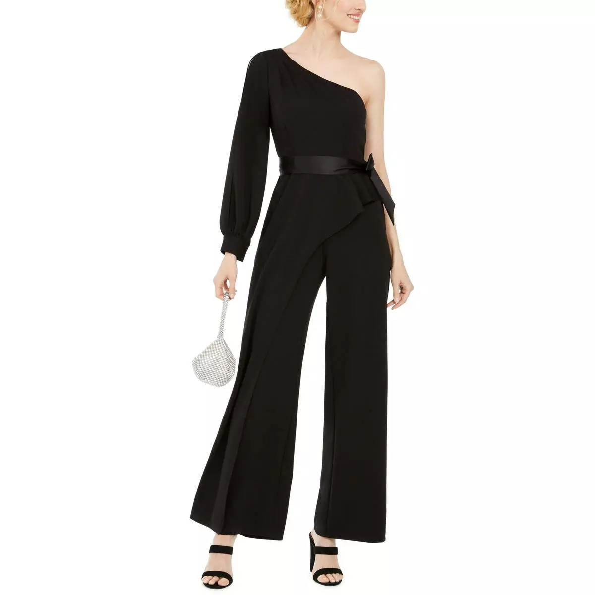 Adrianna papell one sales shoulder crepe jumpsuit black