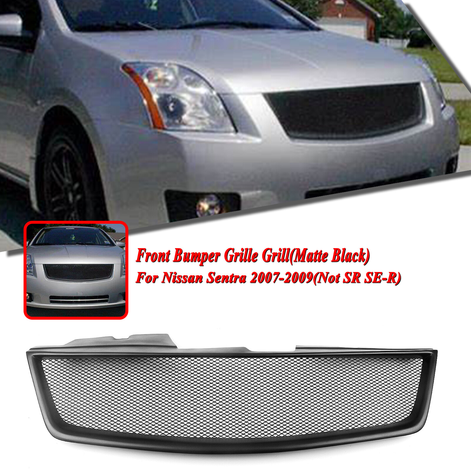 2007-2009 Nissan Sentra Matte Black Front Bumper Grille Hood Kit
