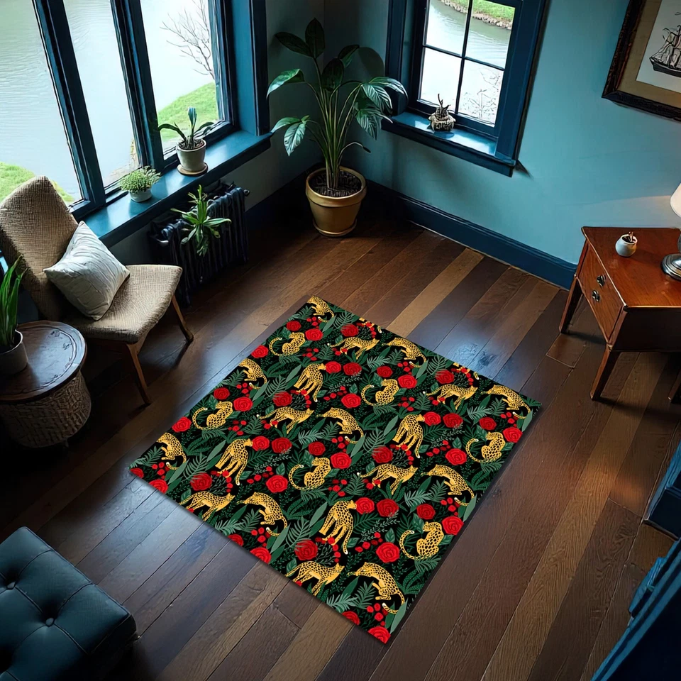 Alfombra con tema de selva rosa roja hoja de palma de leopardo alfombra con estampado de animales audaces Foto 2 de 4
