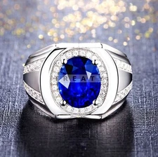 Blue Sapphire Oval Cut Gemstone With 925 Sterling Silver Ring For Men's #207