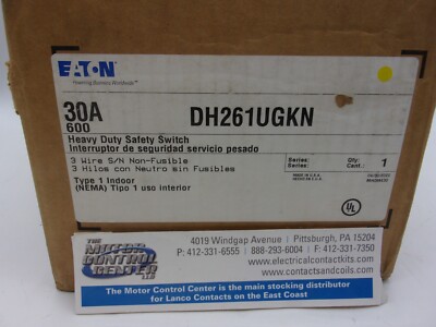 DH261UGKN-EATON-HEAVY DUTY SAFETY SWITCH 2P NON-FUSIBLE,30A,600V,NEMA 1 INDOOR