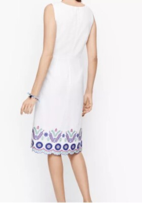Talbots Women White Dress Linen Sleeveless Size 10 Midi Floral Embroidered  Hem | eBay