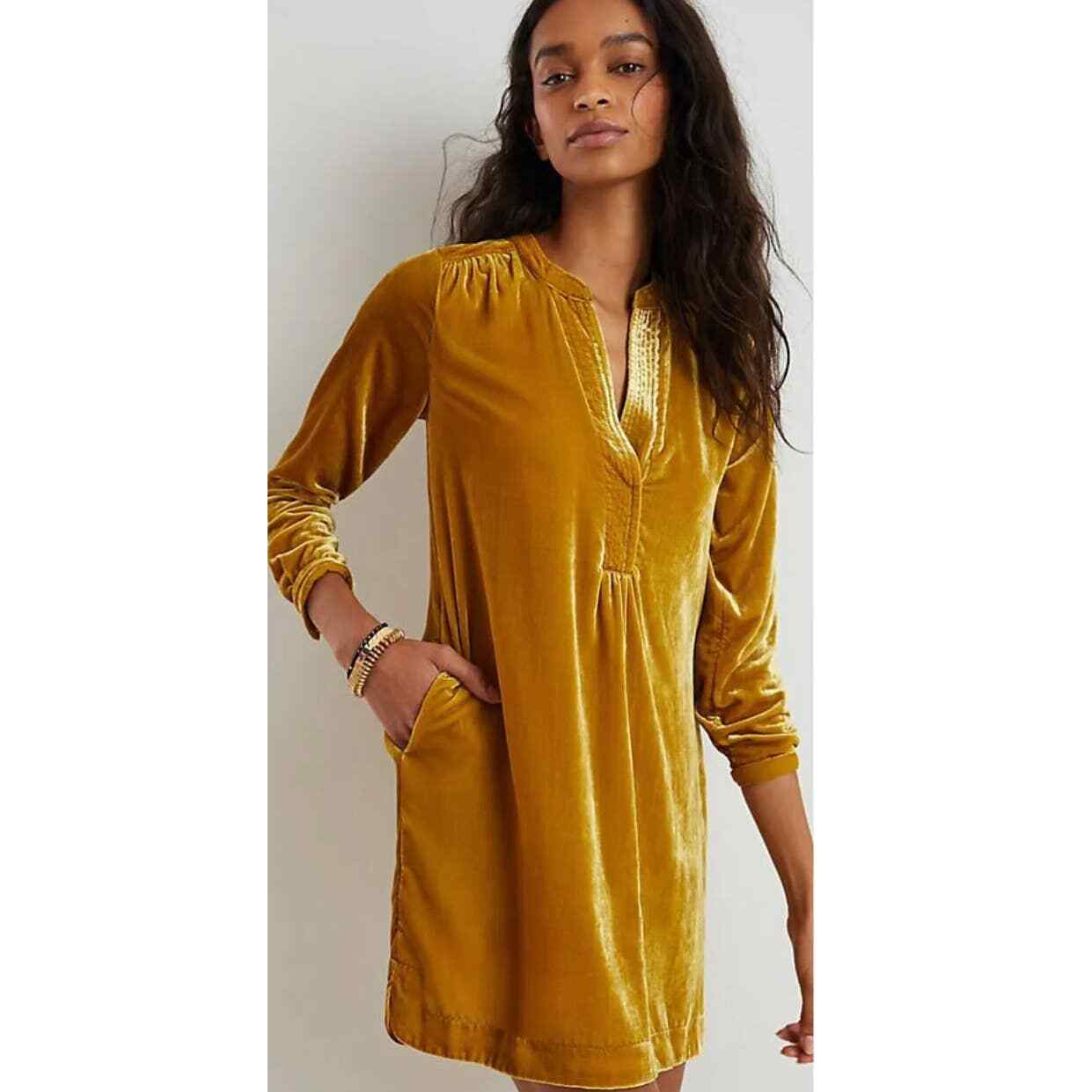 NEW Anthropologie Melody Velvet Tunic Dress Golden Chartreuse Women's S |  eBay