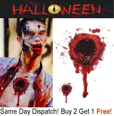 Temporary Tattoo Halloween Zombie Gunshot Wound Fake Bullet Hole Scar Blood FX