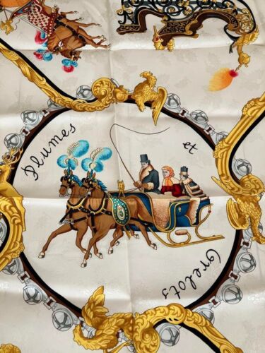 Hermes Scarf Horse Grelots Plumes Silk Carriage, horse, sled, bell 90cm - Picture 2 of 6