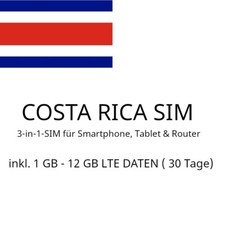 Touristen SIM f&uuml;r COSTA RICA und 1 GB - 12 GB LTE nach Wahl