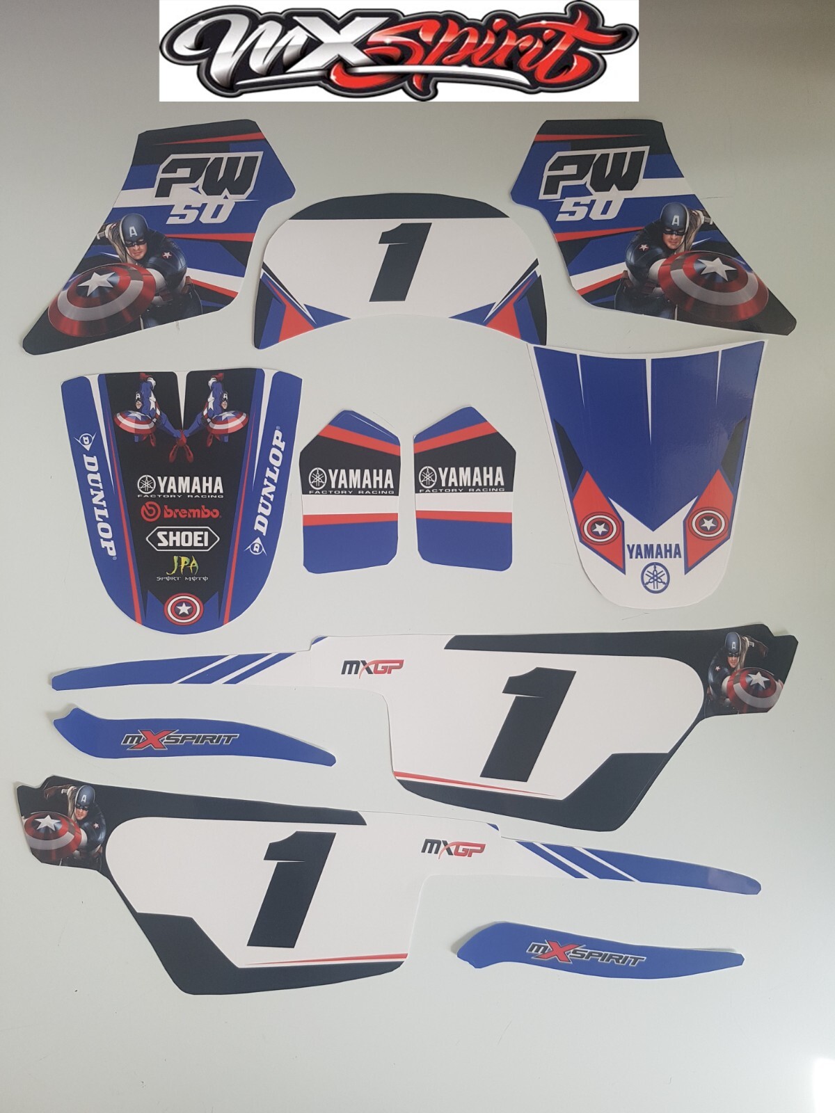 Kit déco Yamaha PW 50 Avenger Capitain America en vinyle bleu pour moto cross