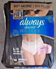 18 Always Discreet Boutique Underwear  Zero Leaks Odor Lightly Scented LG 14-20
