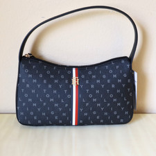 Image of BNWT-Tommy Hilfiger Black Gold Stripe TH Medium Shoulder Bag