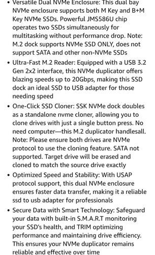 NVMe SSD Cloner, M.2 Duplicator Dual Bay NVMe Enclosure, Tool-Free 20Gbps USB3.2 - Photo 9/9