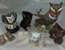 Assorted Lot of 8 Unique Vintage Owl Figurines - Mixed Materials Ceramic