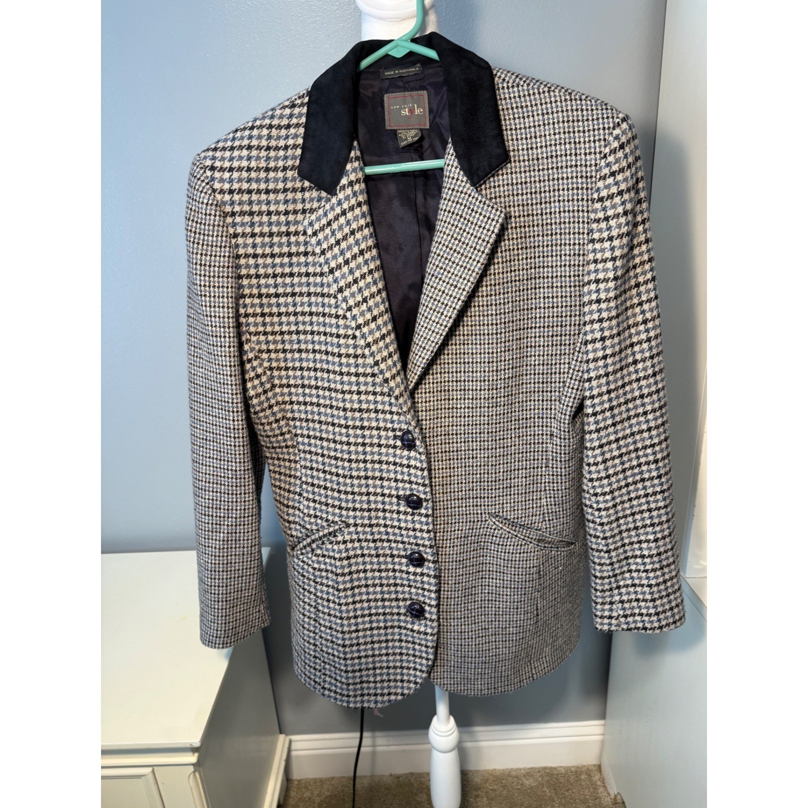 New York Style Womens Wool Blend Houndstooth Blazer Velvet Collar Blue Black M