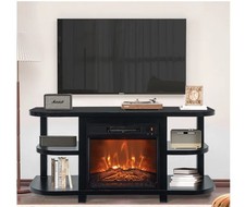 Black TV Stand with Fireplace, Shelves, Wood Glass, Fits up to 55" TV, 47.68"