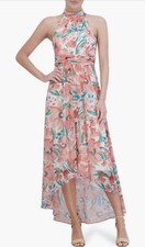 NWT Eliza J Floral Sleeveless High-Low Chiffon Dress, Coral Multi, Size 14
