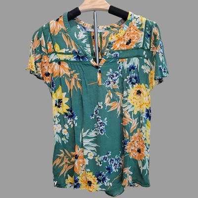 Daniel Rainn Top Green Floral Blouse Cap Flutter Sleeve Cotton Tropical Women S