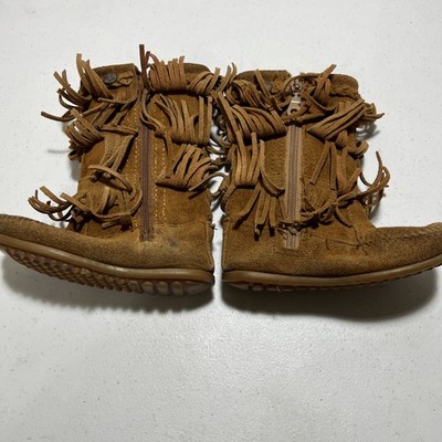 Minnetonka 2652 Kids Girls 9 Brown 3 Layer Fringe Suede Zip Up Moccasin Boots