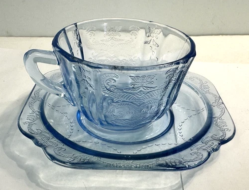 Blue Depression Glass Madrid Cup & Saucer Indiana Glass Federal Vintage