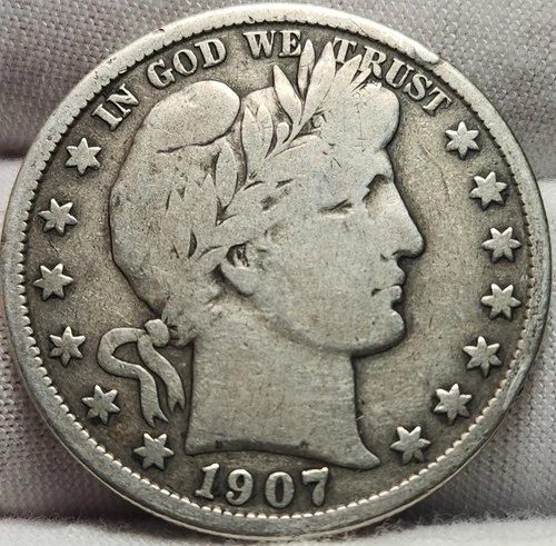 1907 P 50C Barber Silver Half Dollar, Album Filler,  VG Condition, Barb-0725