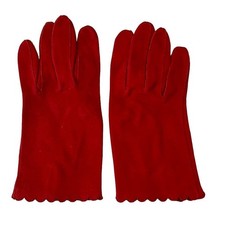 ARIS RED Suede GLOVES Washable Size 7 Made In Germany Vintage Scalloped Cuff