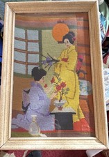 M172-VINTAGE FRAMED Oriental Geisha Girls NEEDLEPOINT