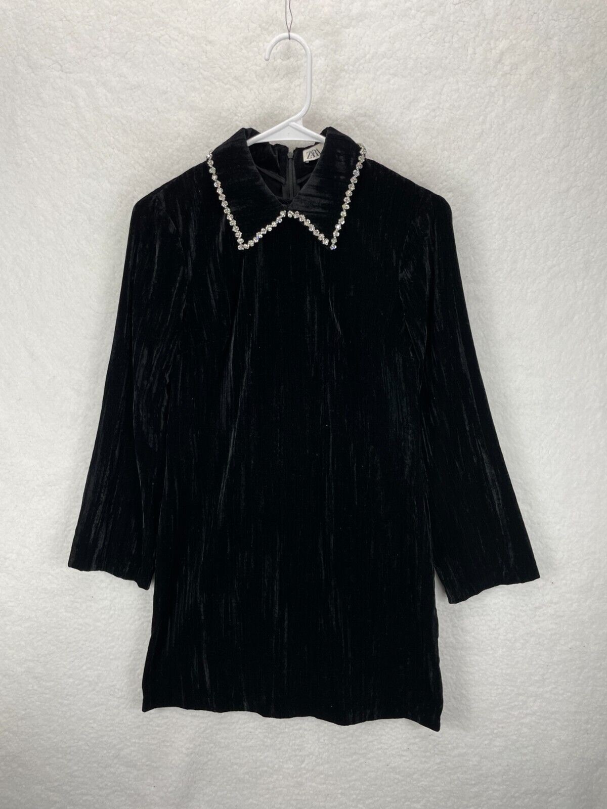 ZARA Velvet Rhinestone Collar Dress Women’s XS Black Long Sleeve Mini Party