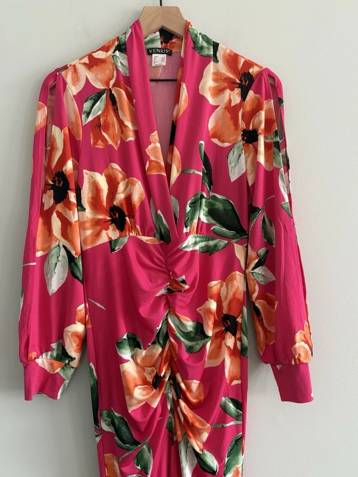 VENUS Maxi Dress Womens Small Pink Floral Long Slit Sleeves Rouching Vacation - Image 2 of 4
