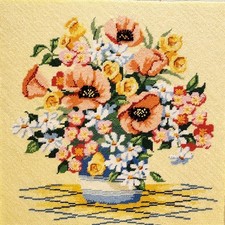 VTG Needlepoint Bowl Of Spring Poppies Flowers Yellow Blue Mounted on Board 16"