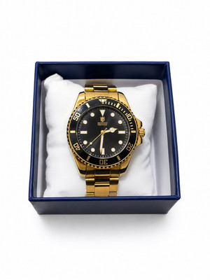 Montres Prestige MPW-0085 Gold Tone Diver Style Watch Black Dial w/ Box NEW