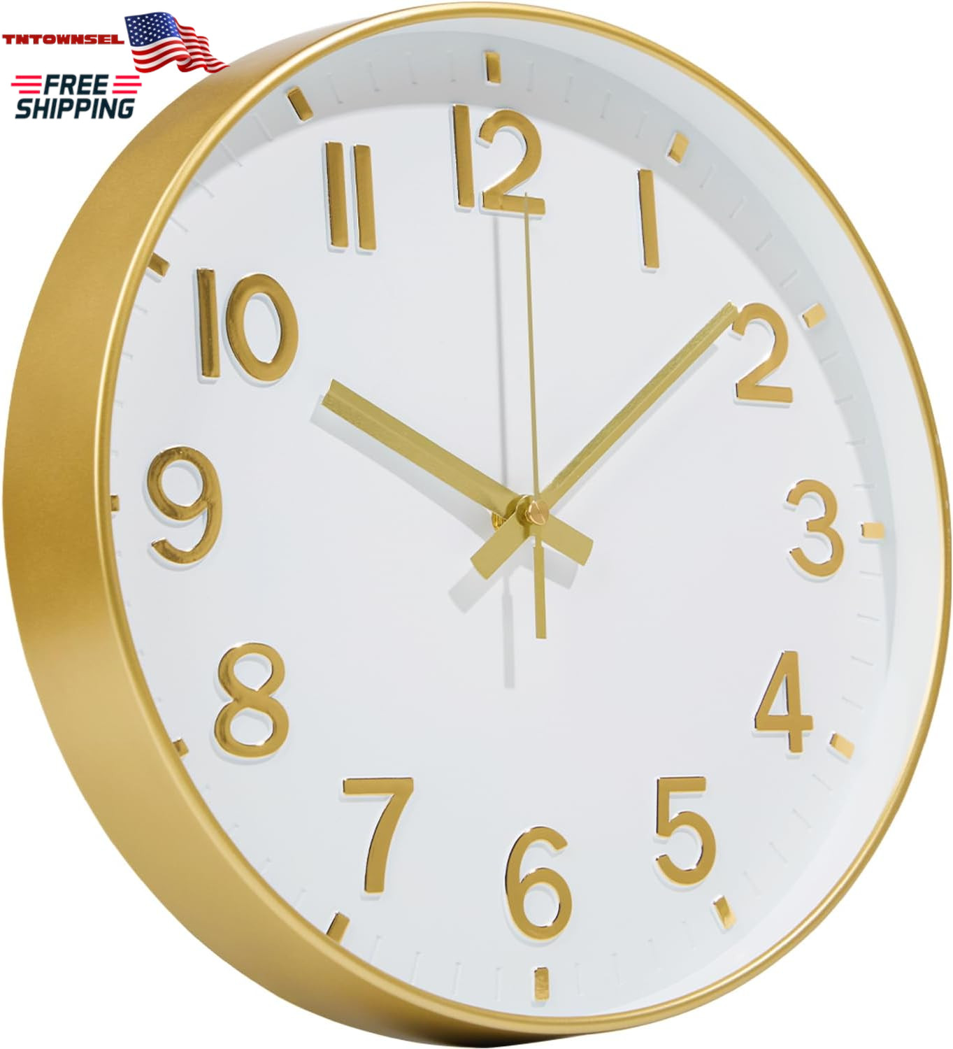 Gold Wall Clock, 8 Inch Wall Clocks Battery Operated, round Modern Non Ticking S