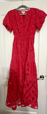 Umgee Red Check Woven Puff Sleeve Smocked Waist V-Neck Midi Dress S