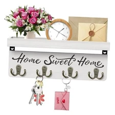  Wall-Mounted Key and Mail Holder, Wooden Key Rack with 4 Double Key White