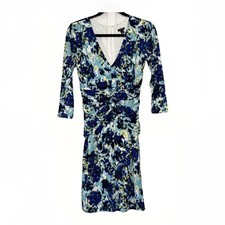 Ann Taylor Cocktail Dress Blue White Aqua Abstract Flower Print Ruched Size 4