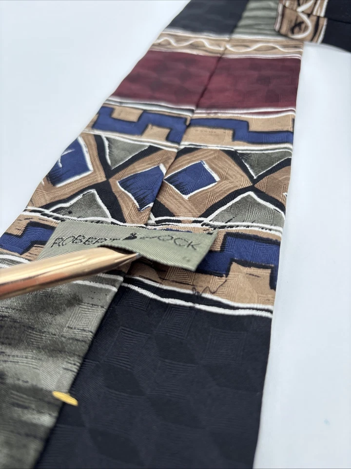 Corbata Robert Stock 100% Seda Azul Nativo Estampado Geométrico Hecha en EE. UU. 58x4 Foto 4 de 4