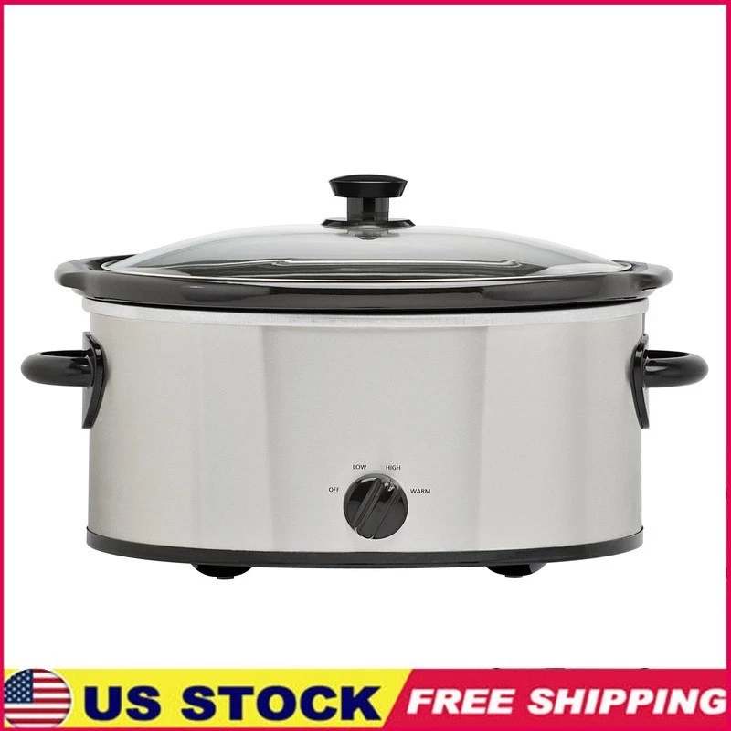 6 Quart Slow Cooker Stainless Steel 3 Temperature Settings Glass Lid Easy Clean