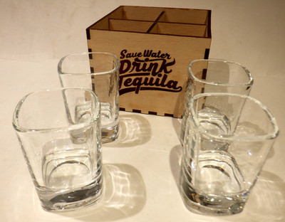 Be Kind Designs  4 Sq. 2 oz. Shot glasses in a wood Box Save Water Drink Tequila