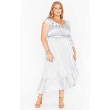 Show Me Your Mumu NWT Samantha Ruffle Wrap Dress in Silver Luxe Satin Size 2X