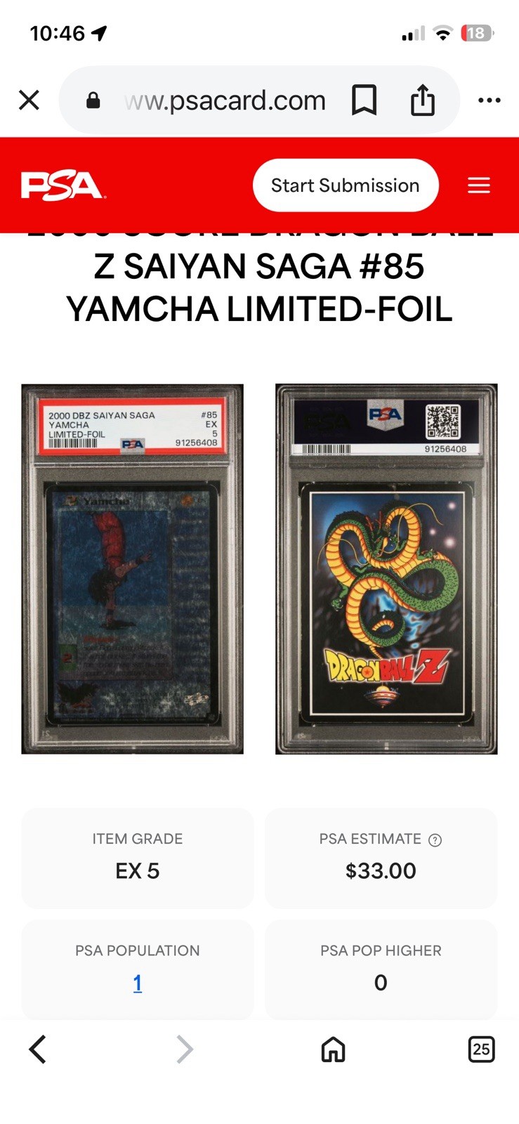 🐉✨ POP 1! 2000 Dragon Ball Z Saiyan Saga #85 Yamcha Limited Foil! PSA 5 ✨🐉 view 3