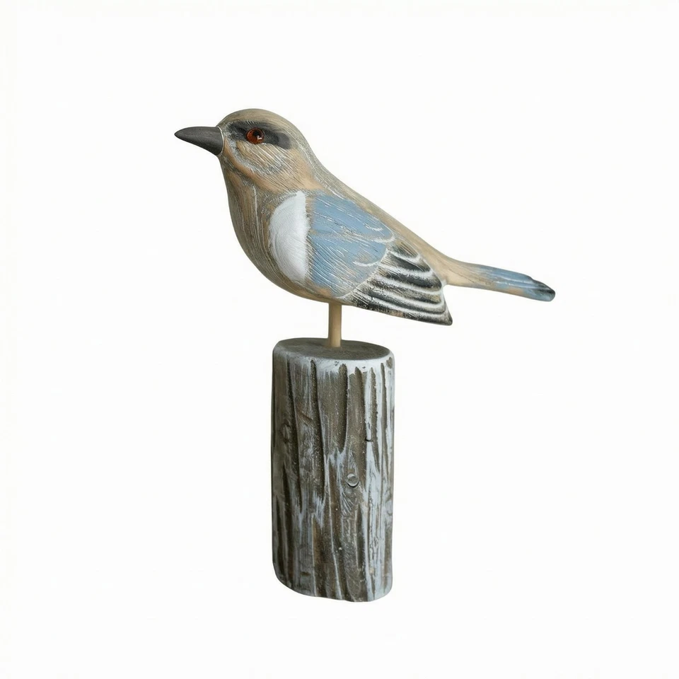 Oiseau sur Socle En Rondin Texture Sculptée Sculpture D'oiseau En Bois - Photo 1/4