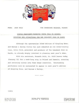 Ringling Bros. 1972 Press Release & Envelope - Talent Scouting Poland Rumania
