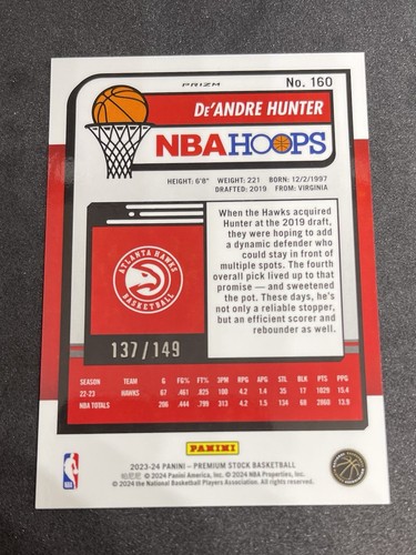 2023-24 Panini Hoops Premium Stock De’Andre Hunter Red Disco /149 Hawks Cavs - Picture 2 of 2