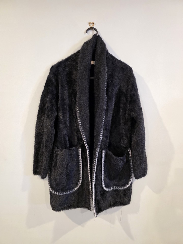 HQ Women's Black Faux Fur Mid-Length Jacket, Contrast Stitching Pockets Size M