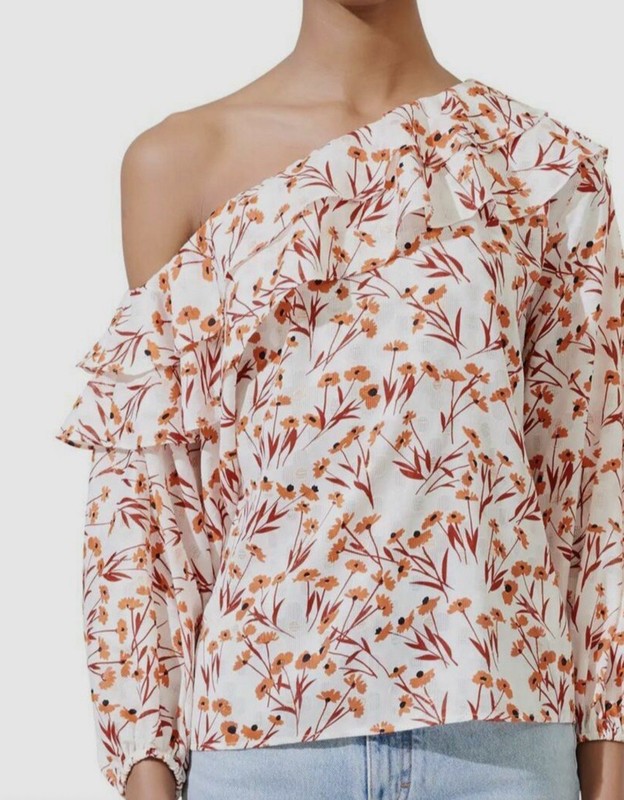 $265 Maje Women Beige Floral One-Shoulder Long-Sleeve Blouse Shirt Top Size 3/L
