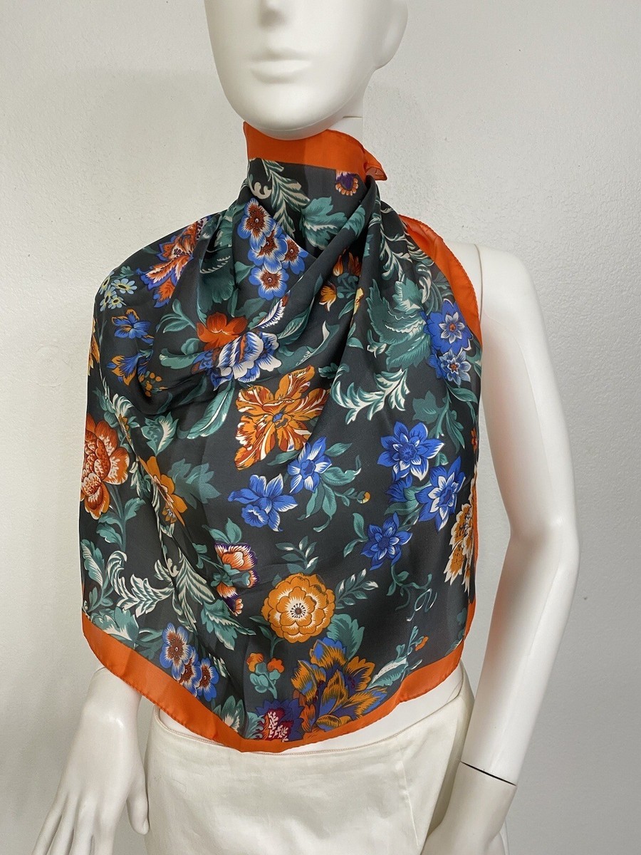 Saks Fifth Avenue Satin Scarf Shawl Blue Floral Motif 32” x 32”