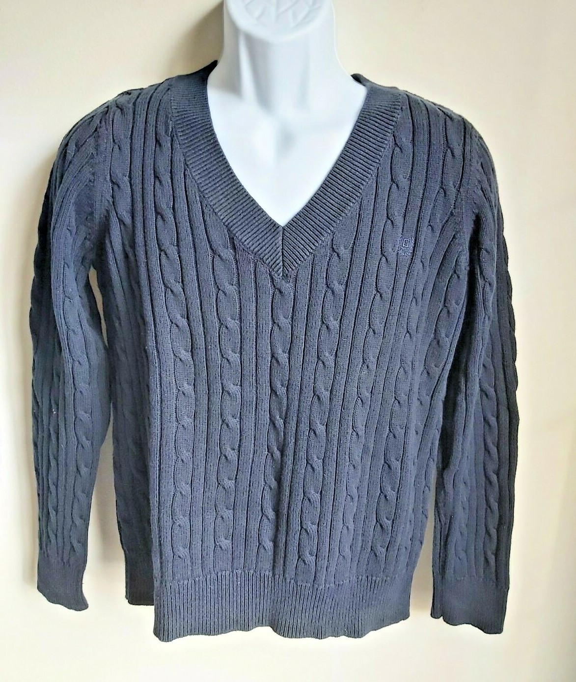 Chaps Classics navy blue cable knit cotton V neck sweater womens L | eBay