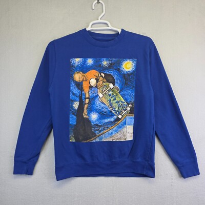 Travis Champman Gogh Starry Night Skating Sweatshirt Mens M Blue Retro Sweater